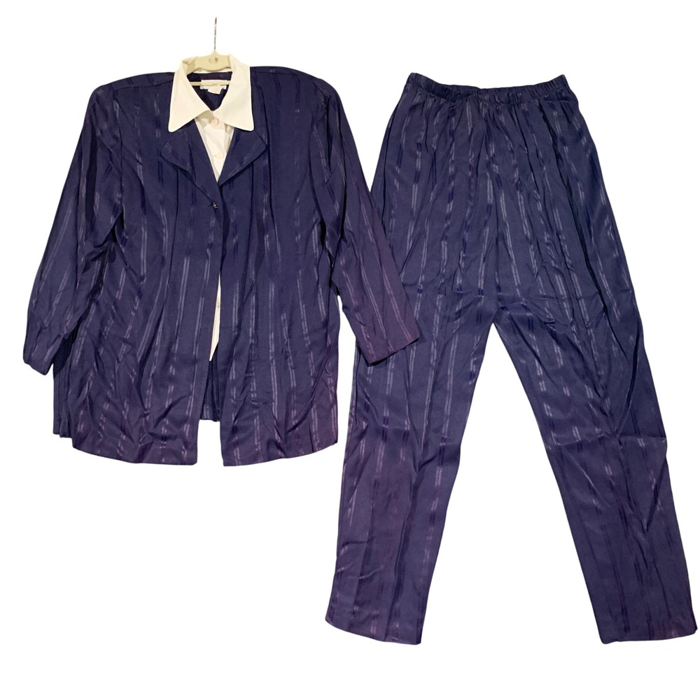 Michael Blair Pant Suit Women 14 Navy Vintage 2pc Stripe Tunic Jacket Set 80s